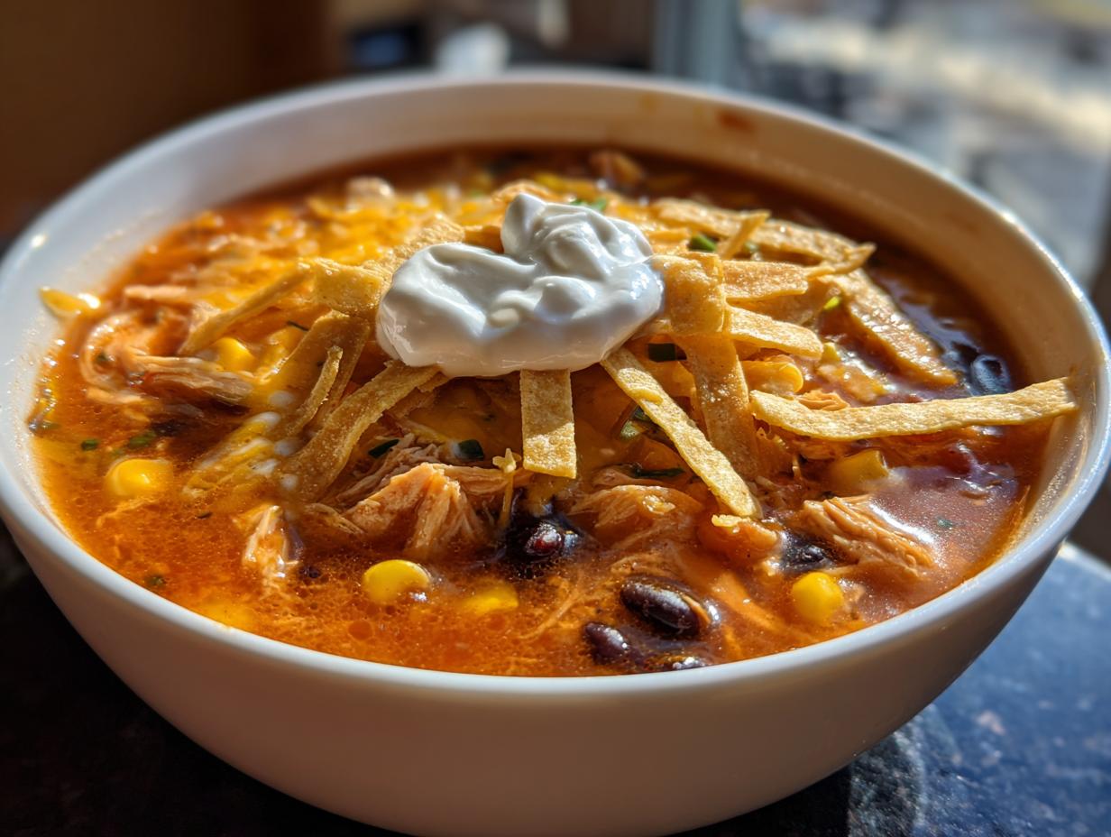 A close-up of a steaming bowl of rich, orange-red chicken tortilla soup topped with shredded chicken, cheese, tortilla strips, and sour cream.