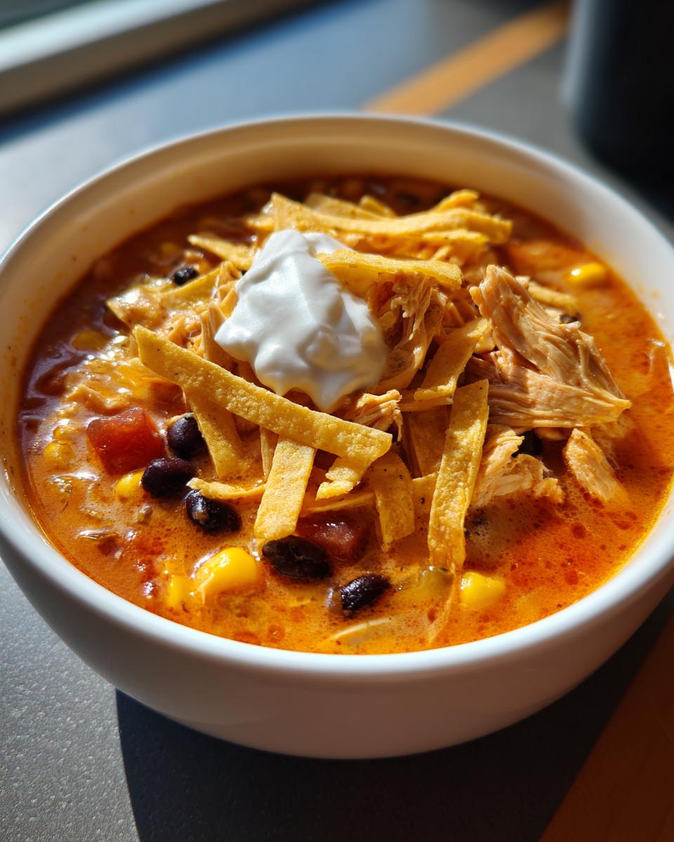 A vibrant bowl of chicken tortilla soup topped with crispy tortilla strips, black beans, corn, and a dollop of sour cream.