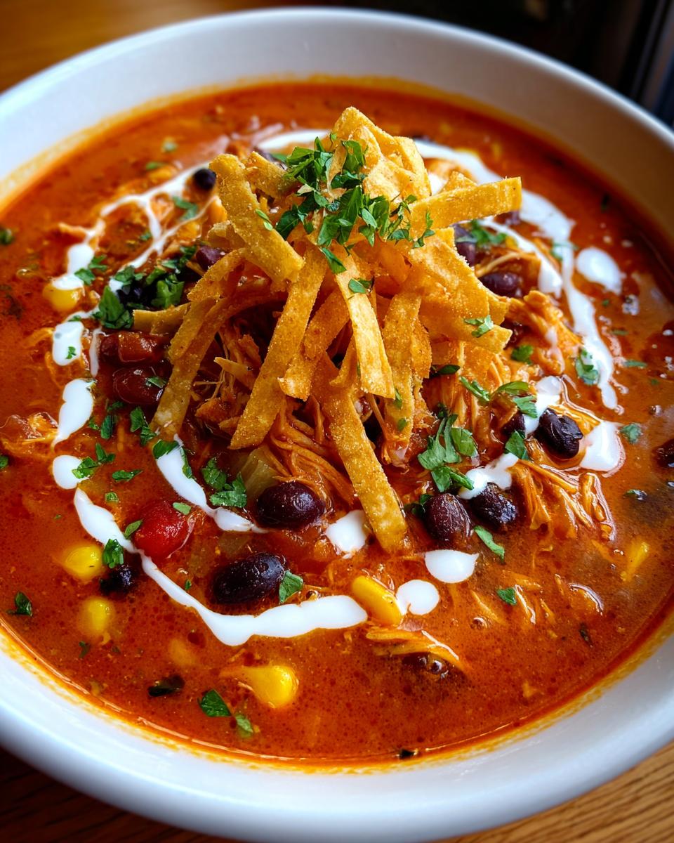 Close-up of a rich, red bowl of chicken tortilla soup topped with shredded chicken, black beans, corn, sour cream, and crispy tortilla strips.