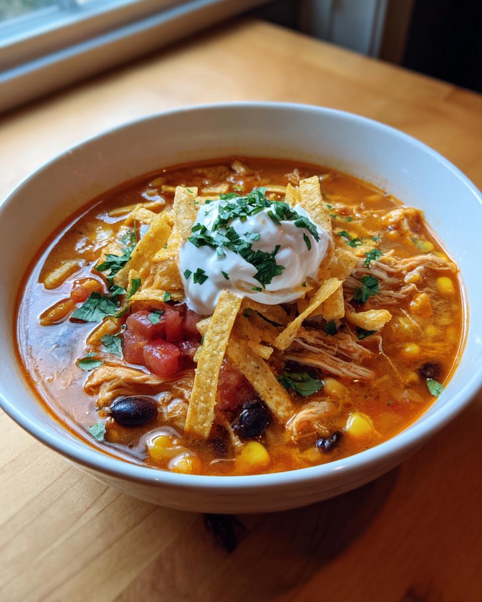 A close-up of a white bowl filled with rich chicken tortilla soup, topped with sour cream, tortilla strips, and cilantro.