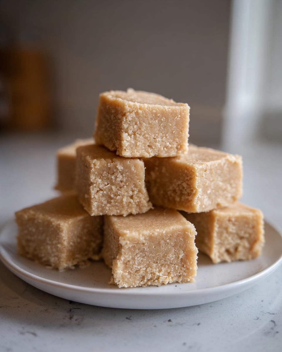 A stack of creamy, light brown peanut butter fudge recipe squares piled on a small white plate.