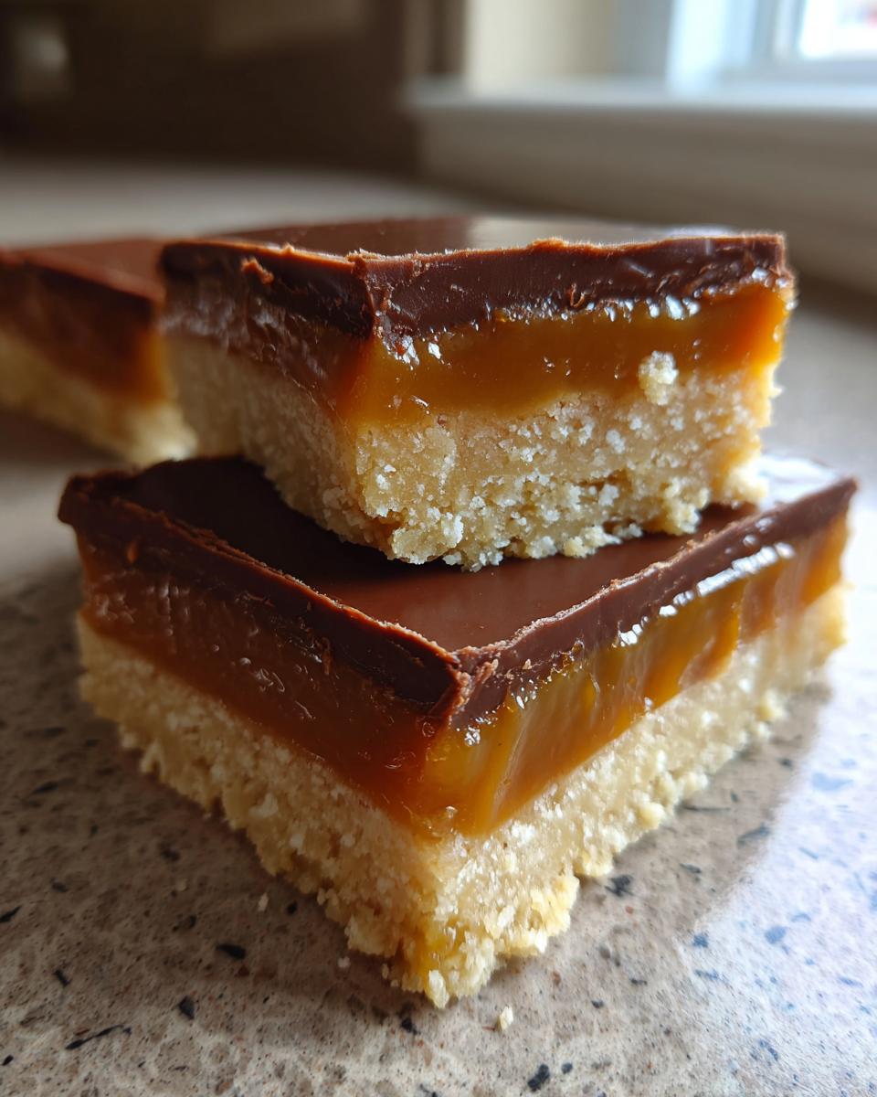 Two stacked squares of 3-layer twix cookie bars showing a shortbread base, thick caramel layer, and chocolate topping.