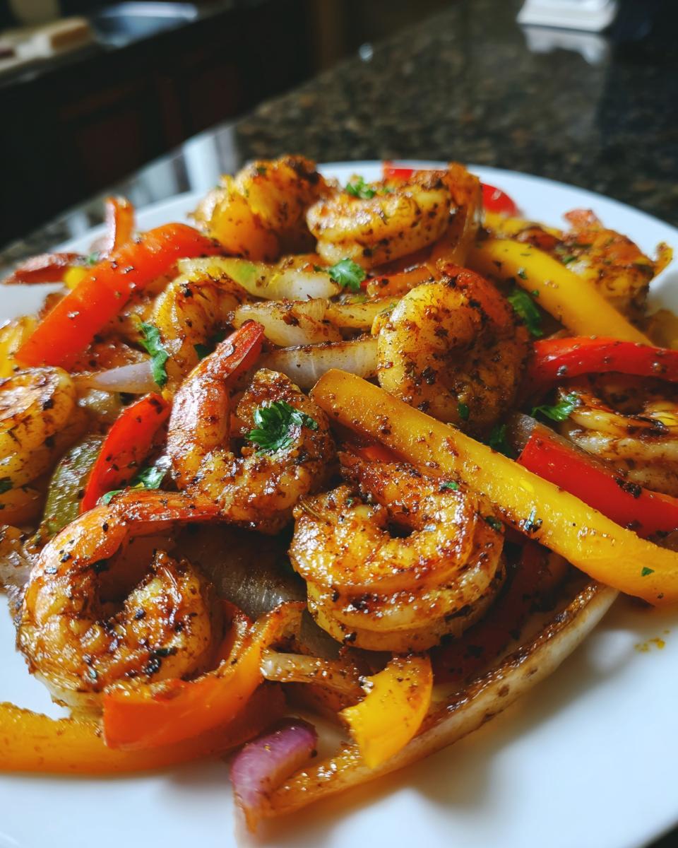 Close-up of seasoned shrimp fajitas with sautéed red, yellow, and purple onions and bell peppers.
