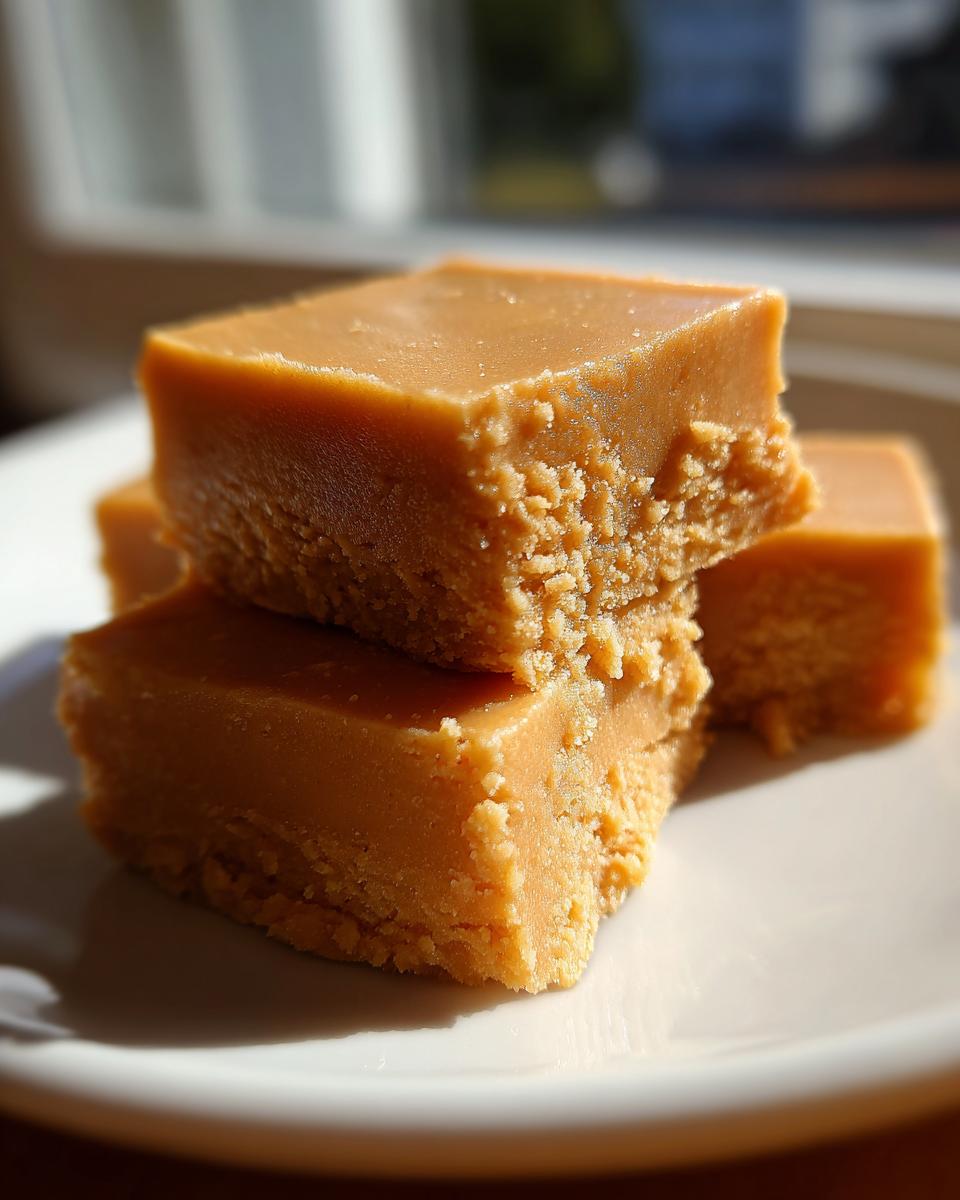 Three stacked squares of creamy, golden peanut butter fudge resting on a white plate, highlighted by natural sunlight.
