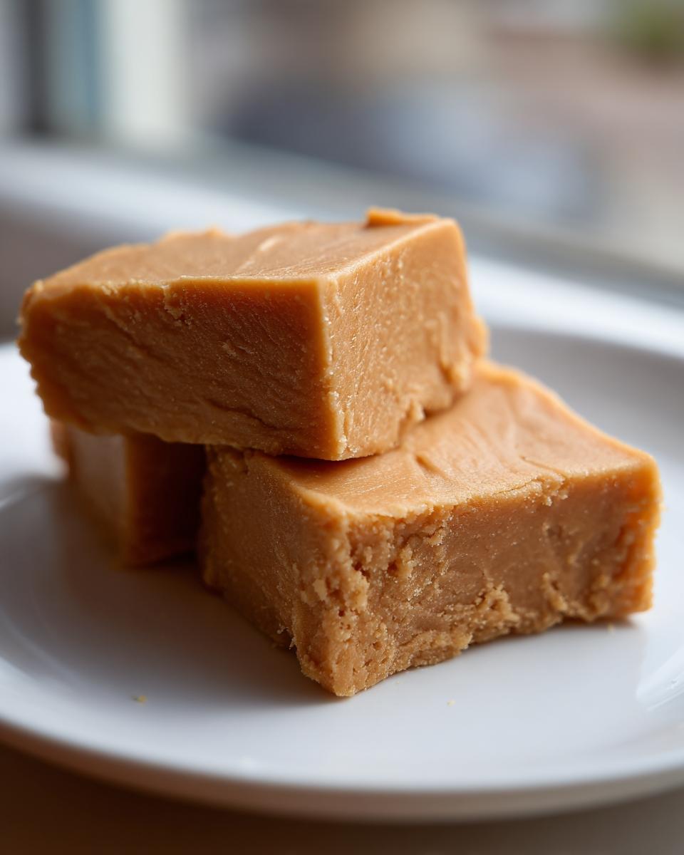 Three squares of creamy, light brown peanut butter fudge stacked slightly on a white plate.