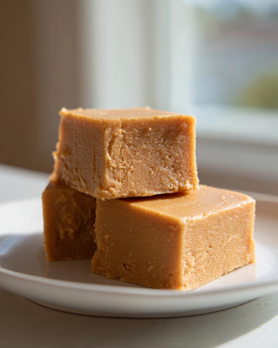 A stack of three creamy squares of homemade peanut butter fudge resting on a white plate.