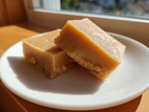 Two squares of creamy, light brown peanut butter fudge resting on a white saucer near a sunny window.