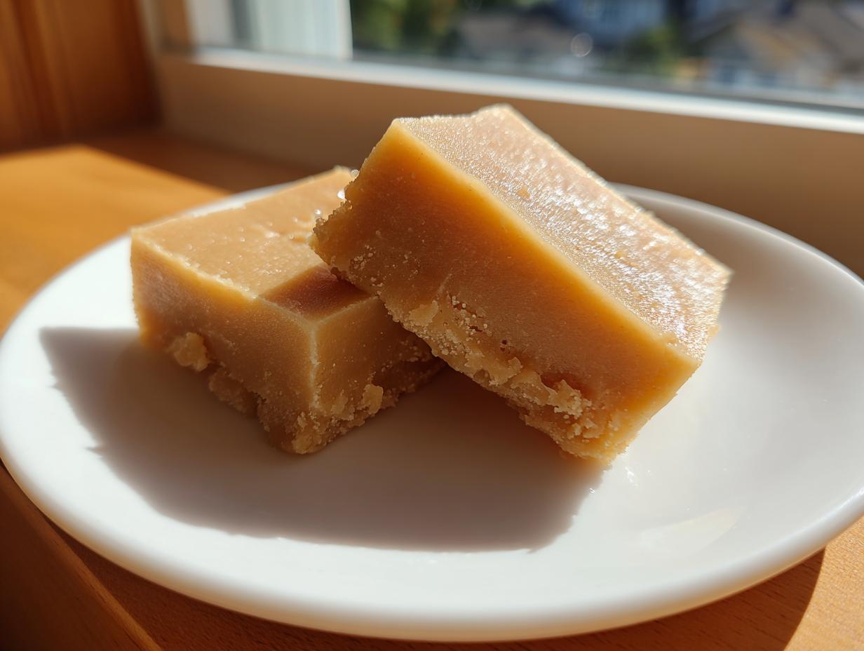 Two squares of creamy, light brown peanut butter fudge resting on a white saucer near a sunny window.