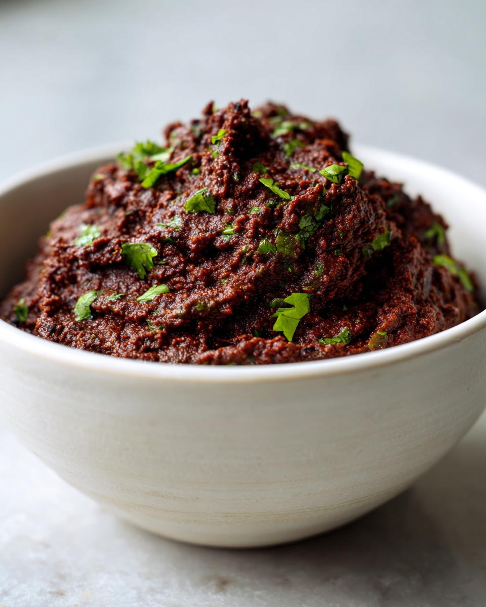 A close-up of thick, dark red-brown black bean dip topped with fresh cilantro in a white bowl.