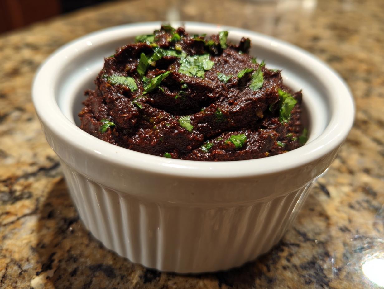 Close-up of a rich, dark black bean dip topped with fresh chopped cilantro in a small white ramekin.