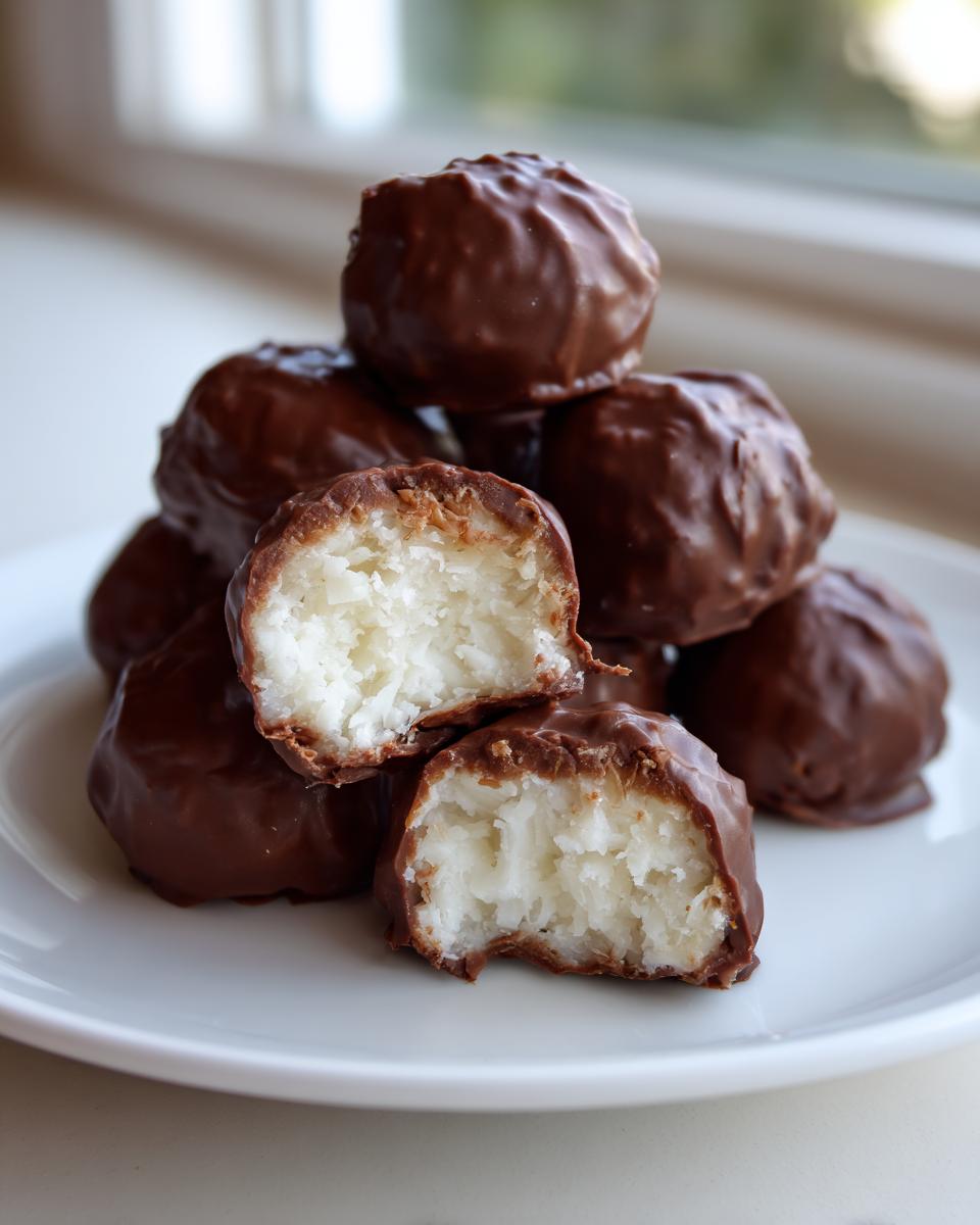 A stack of homemade Almond Joy truffles, with two cut in half showing the shredded coconut filling inside the chocolate coating.