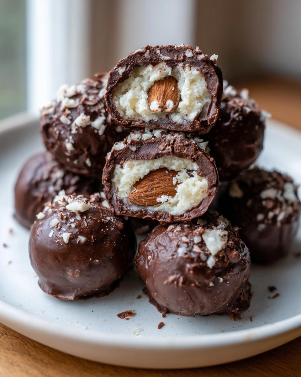 Stack of homemade Almond Joy truffles coated in chocolate, with two cut open showing the coconut filling and whole almond center.