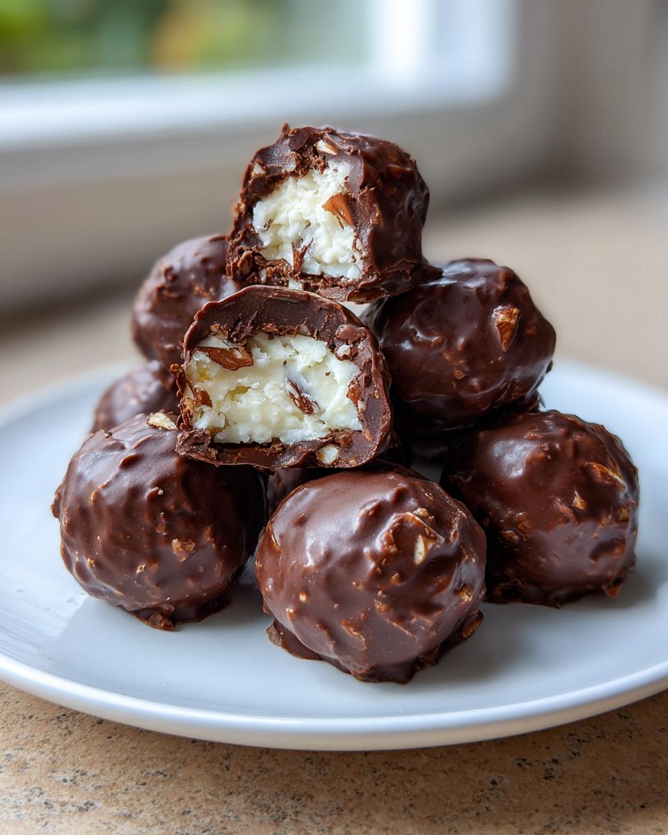 A stack of homemade Almond Joy truffles coated in chocolate, with one cut open showing the coconut and almond filling.