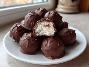 A stack of rich, dark chocolate covered almond joy truffles on a white plate, one is cut open showing coconut filling and an almond.