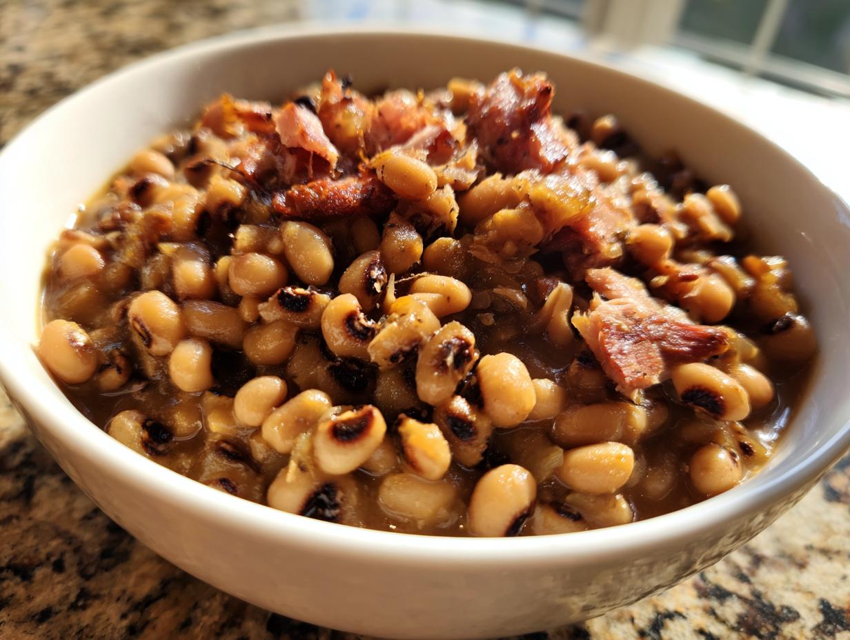 Close-up of a white bowl filled with savory black eyed peas topped with crispy bacon pieces.