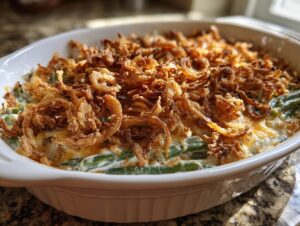 A creamy, baked green bean casserole topped generously with crispy fried onions, ready to serve.