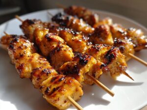 Close-up of several golden, glazed, and slightly charred chicken skewers resting on a white plate.
