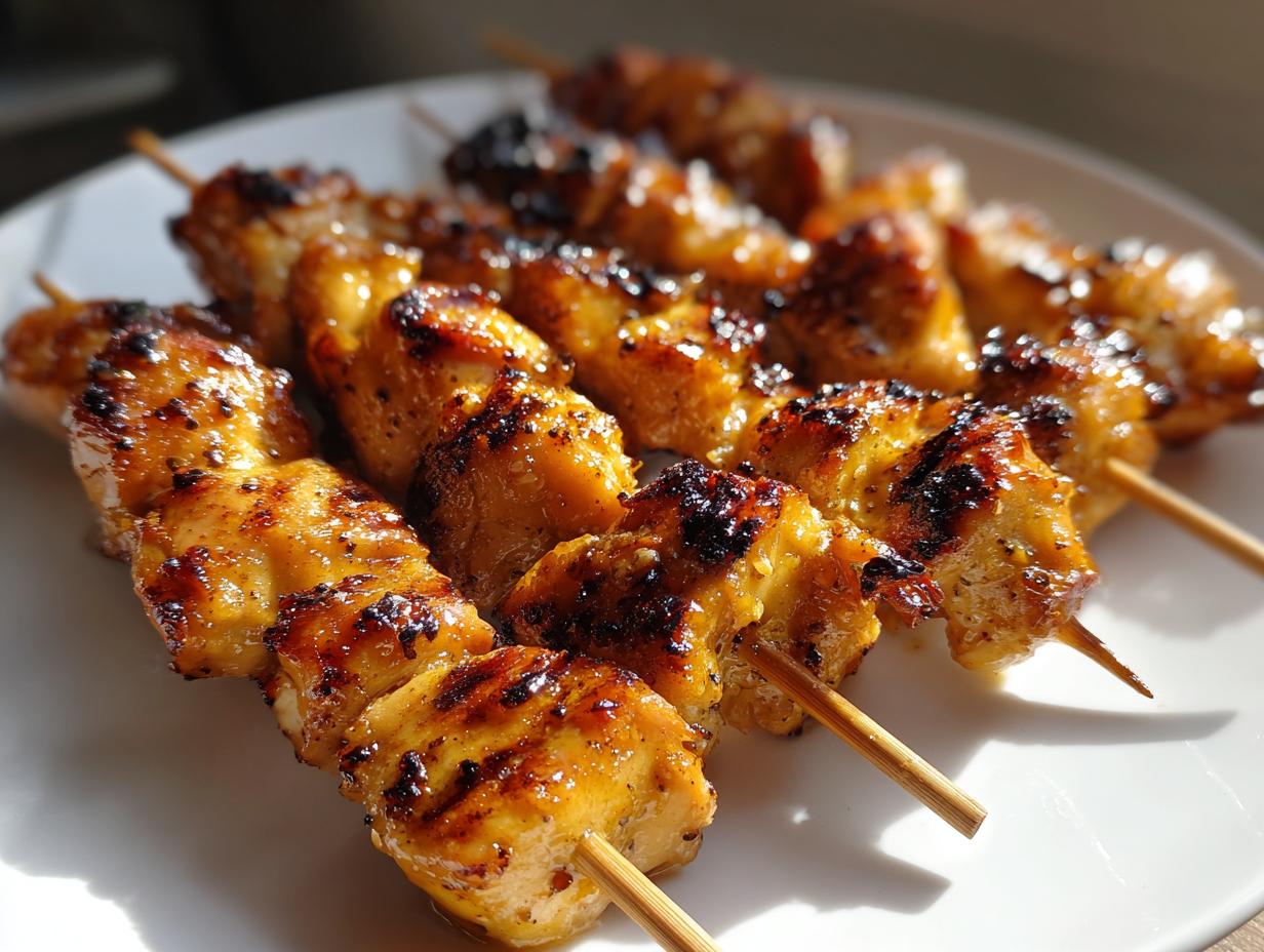 Close-up of several golden, glazed, and slightly charred chicken skewers resting on a white plate.