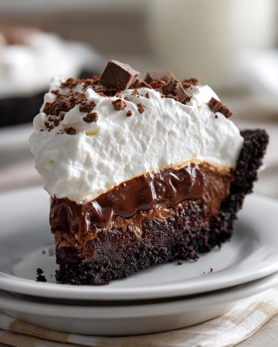 A tall slice of rich chocolate mud pie with layers of dark crust, chocolate filling, and whipped cream topping.