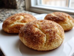 Three soft, puffy Snickerdoodle cookies coated heavily in cinnamon sugar, resting on a white plate.