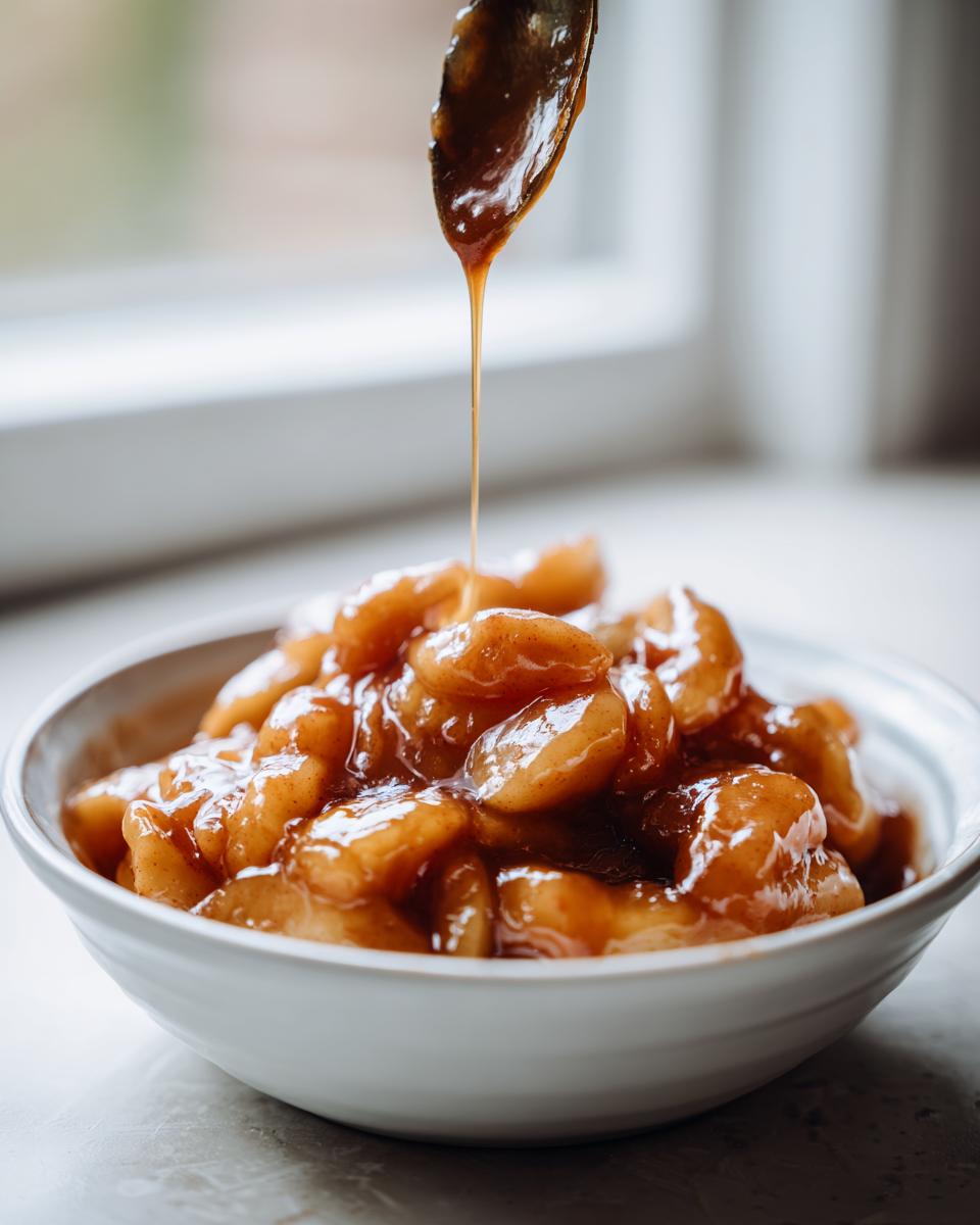 Close-up of thick, glossy apple pie filling in a white bowl being drizzled with caramel sauce from a spoon.