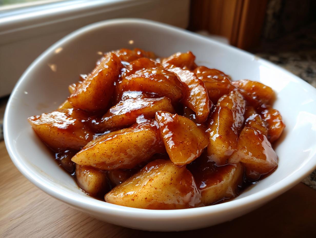 Close-up of rich, glossy apple pie filling slices coated in cinnamon sauce, served in a white bowl.