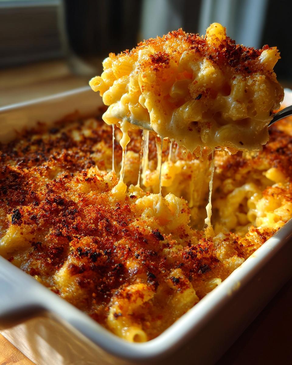 A spoonful of creamy, cheesy baked mac and cheese with long cheese pulls and a crispy breadcrumb topping.