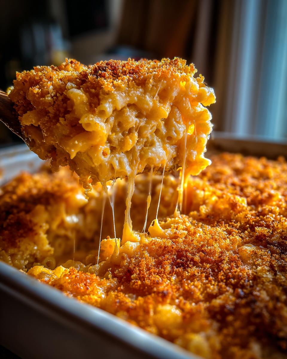 A spoonful of creamy baked mac and cheese showing long, dramatic cheese pulls over the casserole dish.