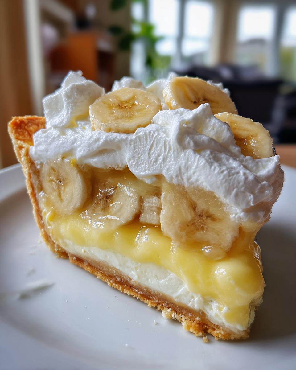 A close-up slice of banana cream pie showing layers of crust, cream, custard, and topped with whipped cream and fresh banana slices.
