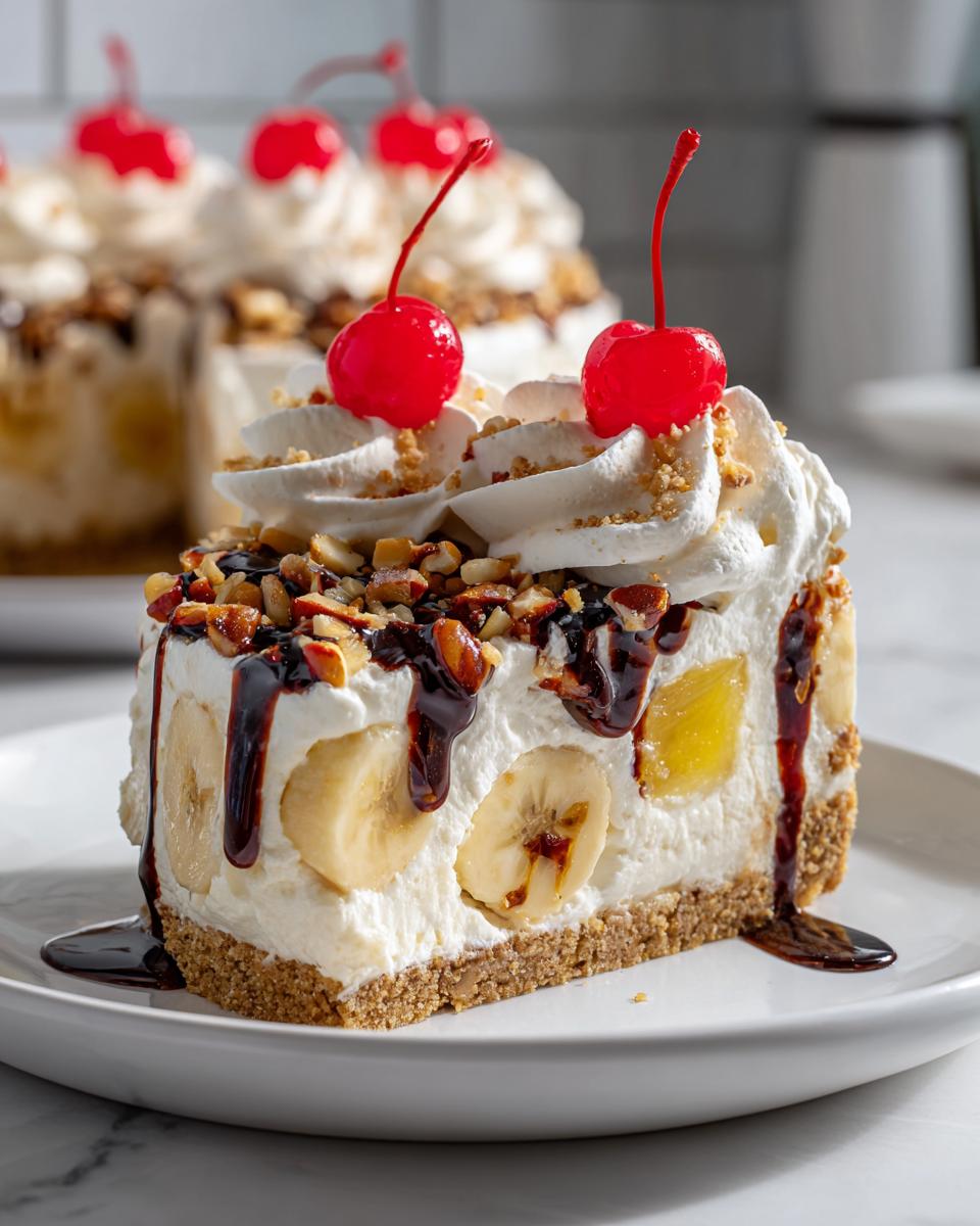 A decadent slice of banana split cake featuring bananas, whipped cream, nuts, chocolate syrup, and a maraschino cherry.