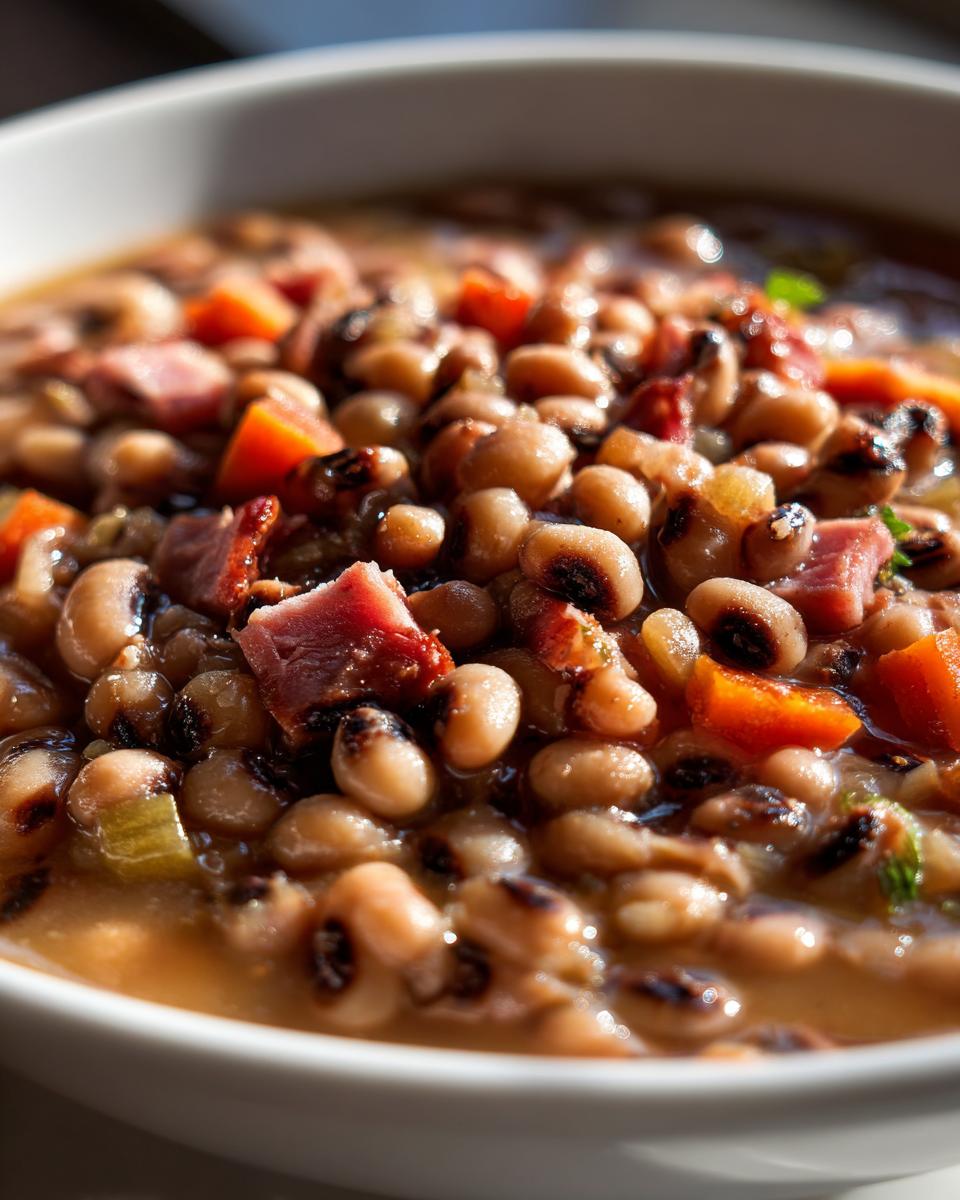 Close-up of a hearty bowl of black eyed peas recipe cooked with chunks of ham and diced carrots in a savory broth.