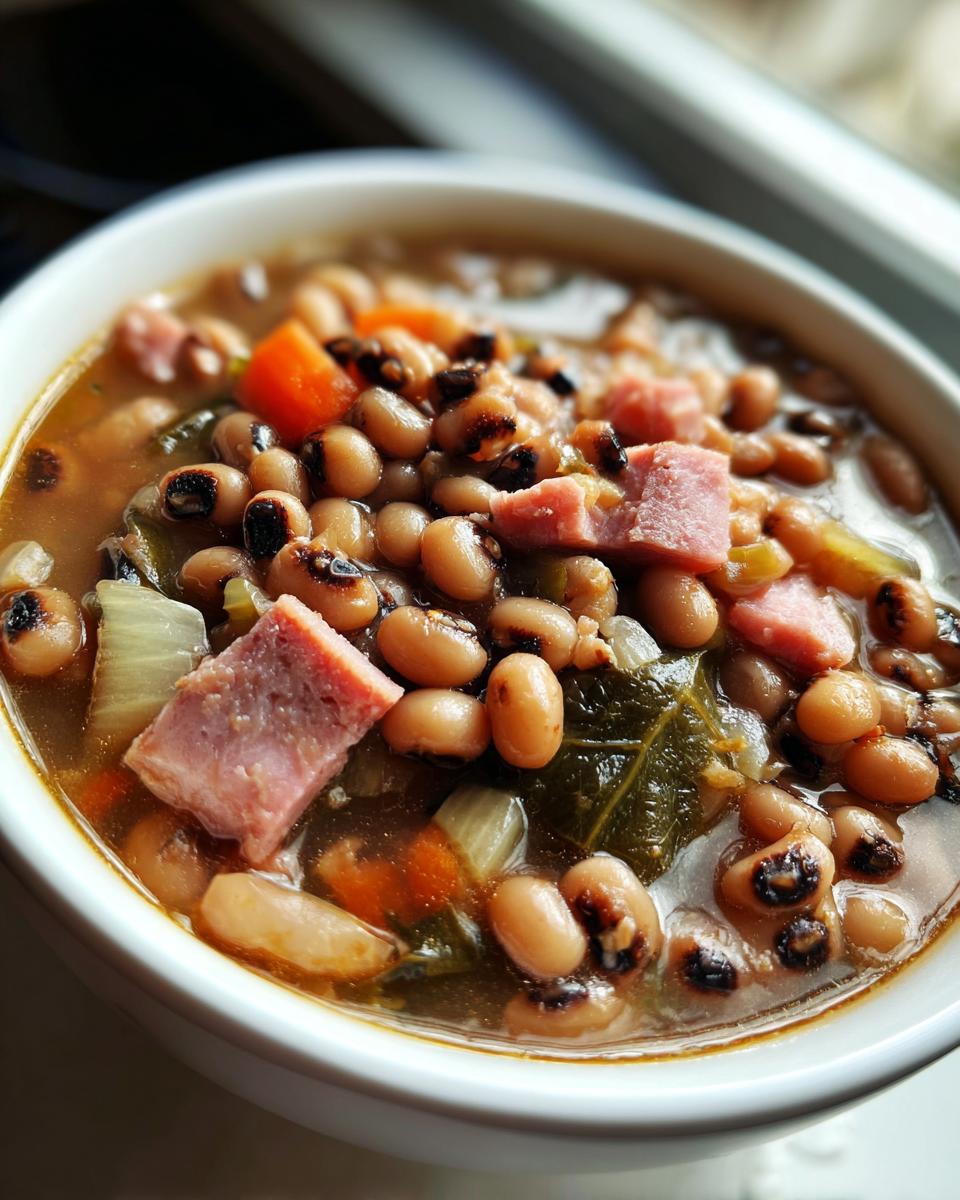 Close-up of a white bowl filled with a savory black eyed peas recipe featuring chunks of ham, greens, and carrots.