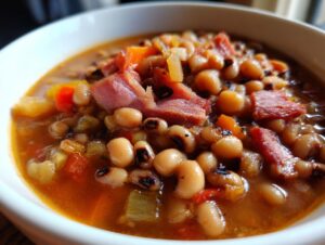 Close-up of a bowl filled with a rich black eyed peas recipe, featuring tender beans, vegetables, and pieces of smoked ham.
