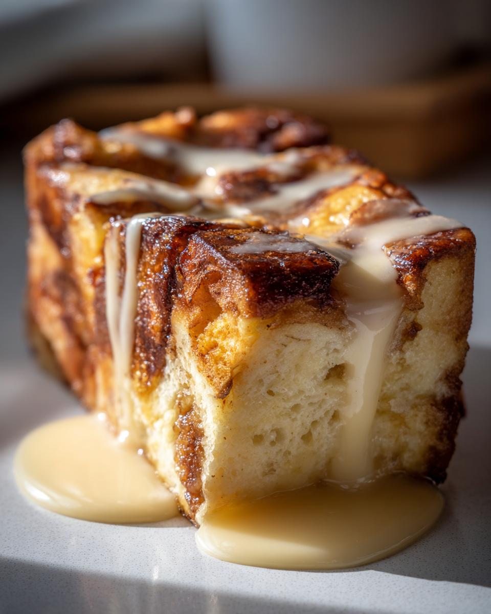 A close-up of a rich slice of bread pudding drizzled heavily with vanilla glaze.