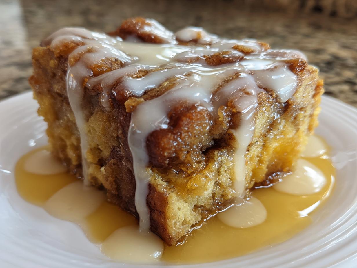 Close-up of a square slice of rich bread pudding topped with thick white icing and sitting in a pool of caramel sauce.