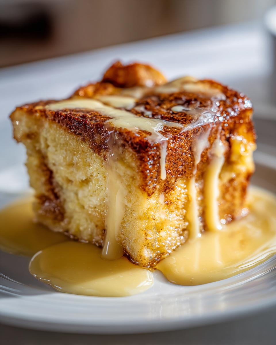 A close-up of a moist slice of bread pudding generously drizzled with vanilla cream sauce.