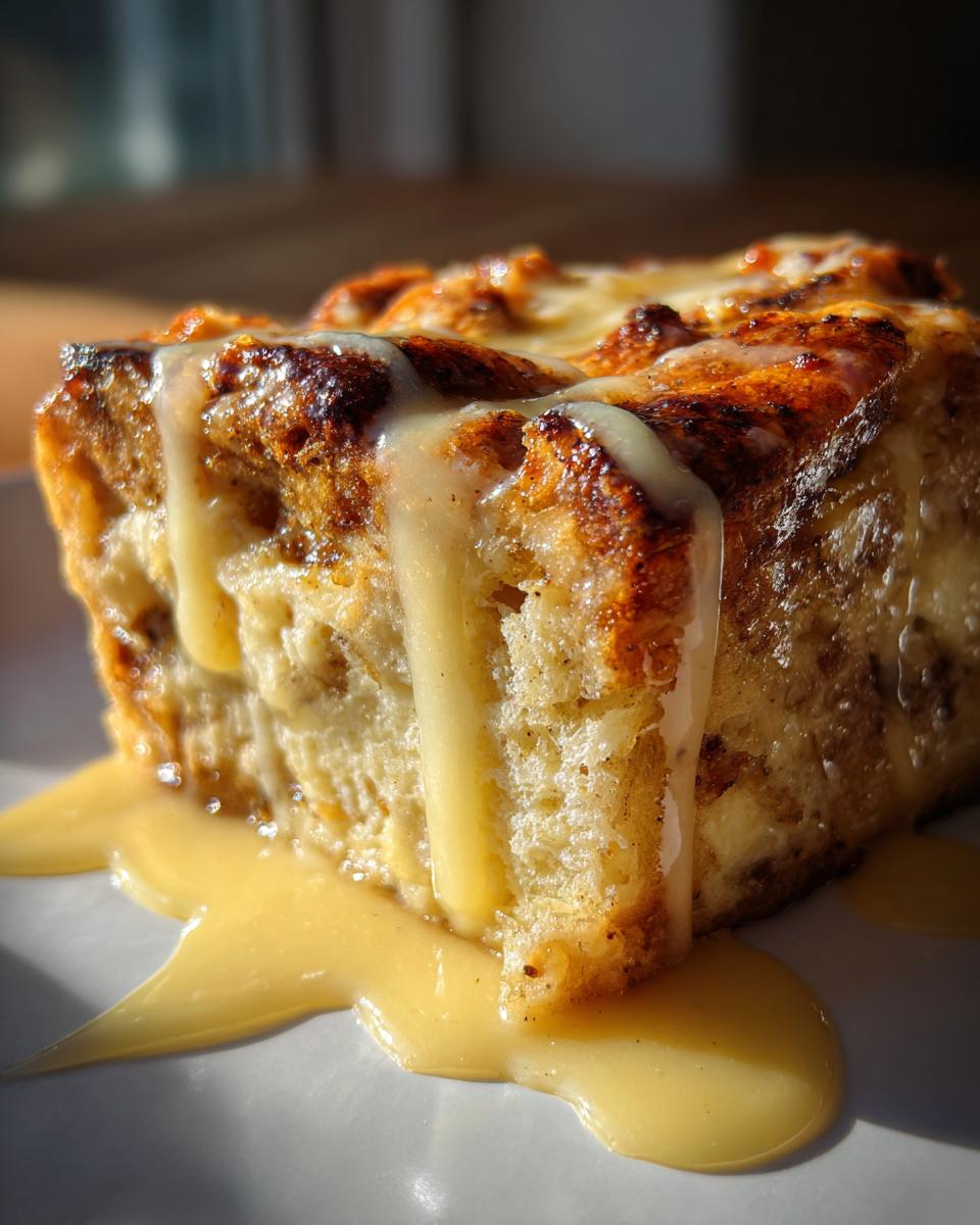 A close-up, sunlit slice of amazing bread pudding covered in thick, dripping vanilla sauce on a white plate.