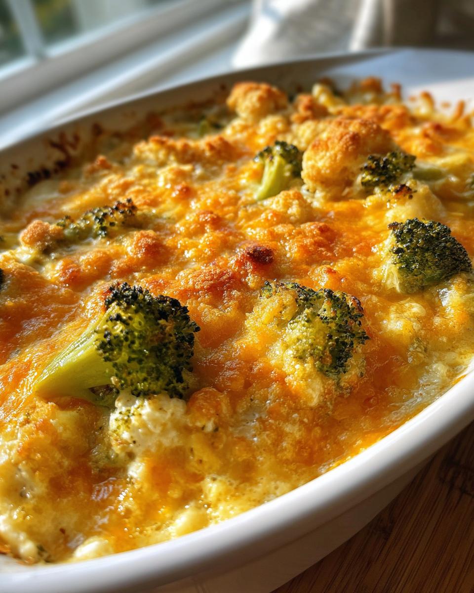 Close-up of a creamy, baked broccoli casserole topped with melted, golden-brown cheese.