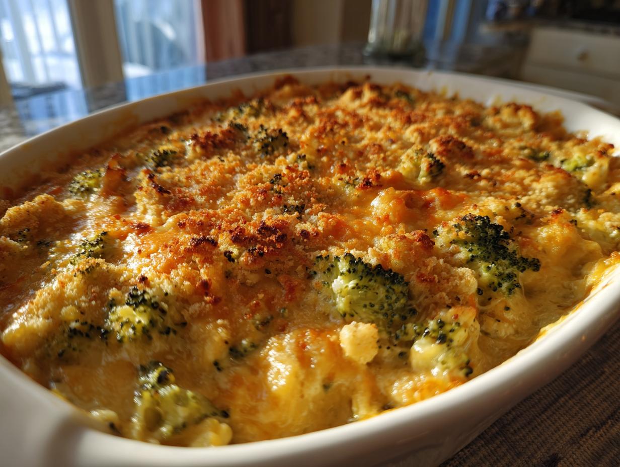 Close-up of a baked, creamy broccoli casserole with a golden, crunchy breadcrumb topping.