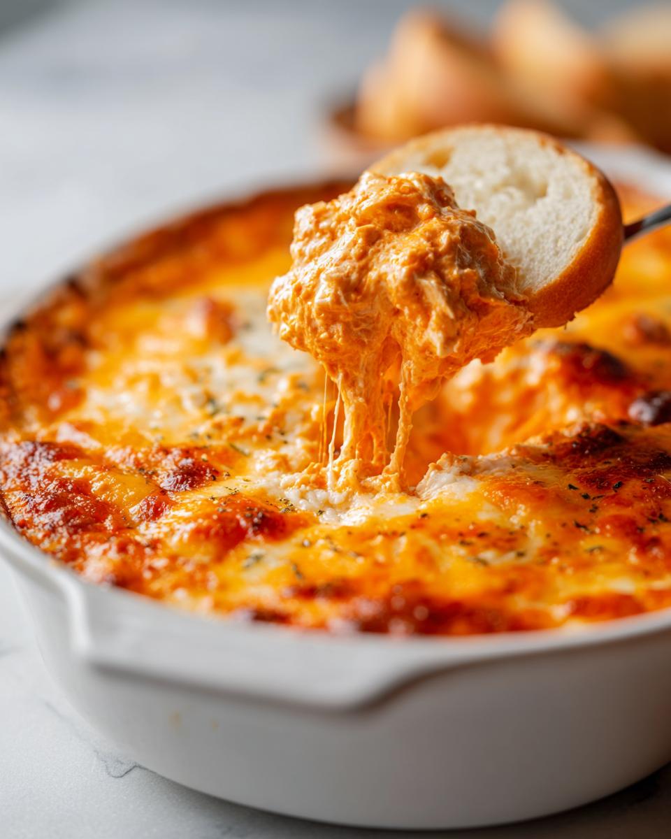 A slice of bread loaded with cheesy, gooey Buffalo chicken dip being pulled from a white baking dish.