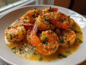 Close-up of plump, orange cajun shrimp swimming in a rich, buttery sauce speckled with fresh green parsley.