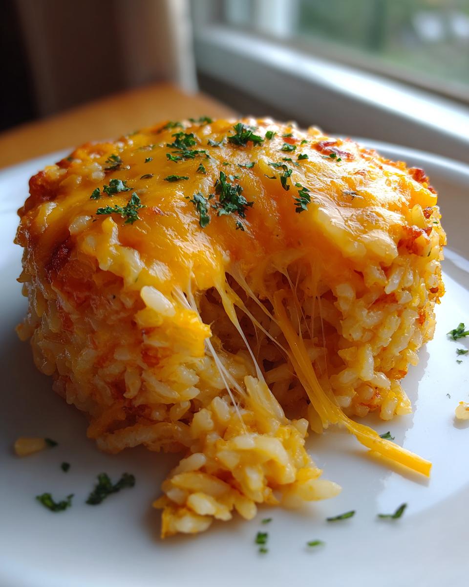 A serving of cheesy rice molded into a cylinder shape, showing a dramatic cheese pull from the melted cheddar topping.