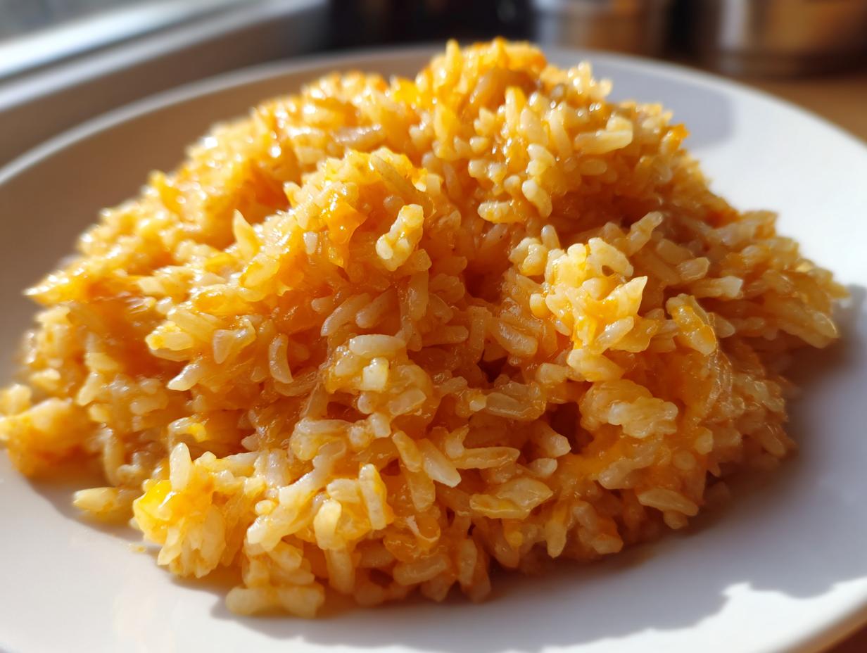 A close-up, bright photo of a serving of vibrant orange cheesy rice piled on a white plate.
