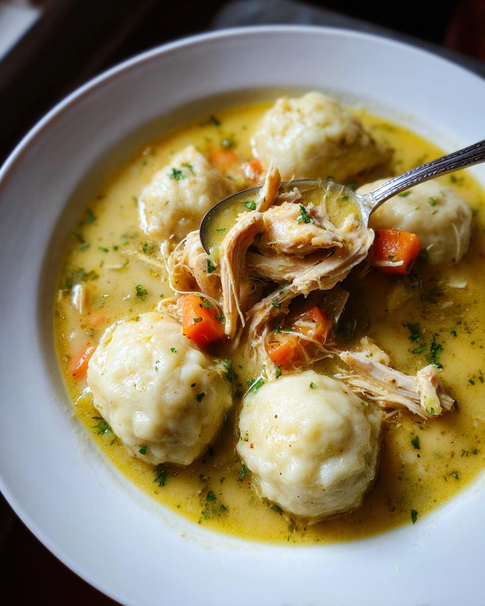A close-up of a white bowl filled with rich broth, fluffy dumplings, shredded chicken, and carrots from chicken and dumpling.