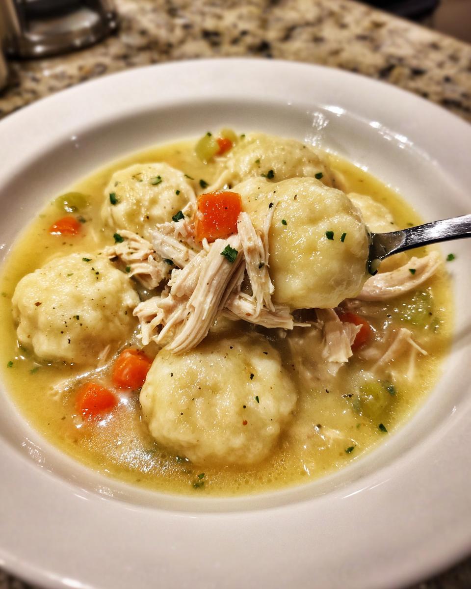 A spoonful lifts a fluffy dumpling and shredded chicken from a bowl of rich chicken and dumpling soup with carrots and celery.