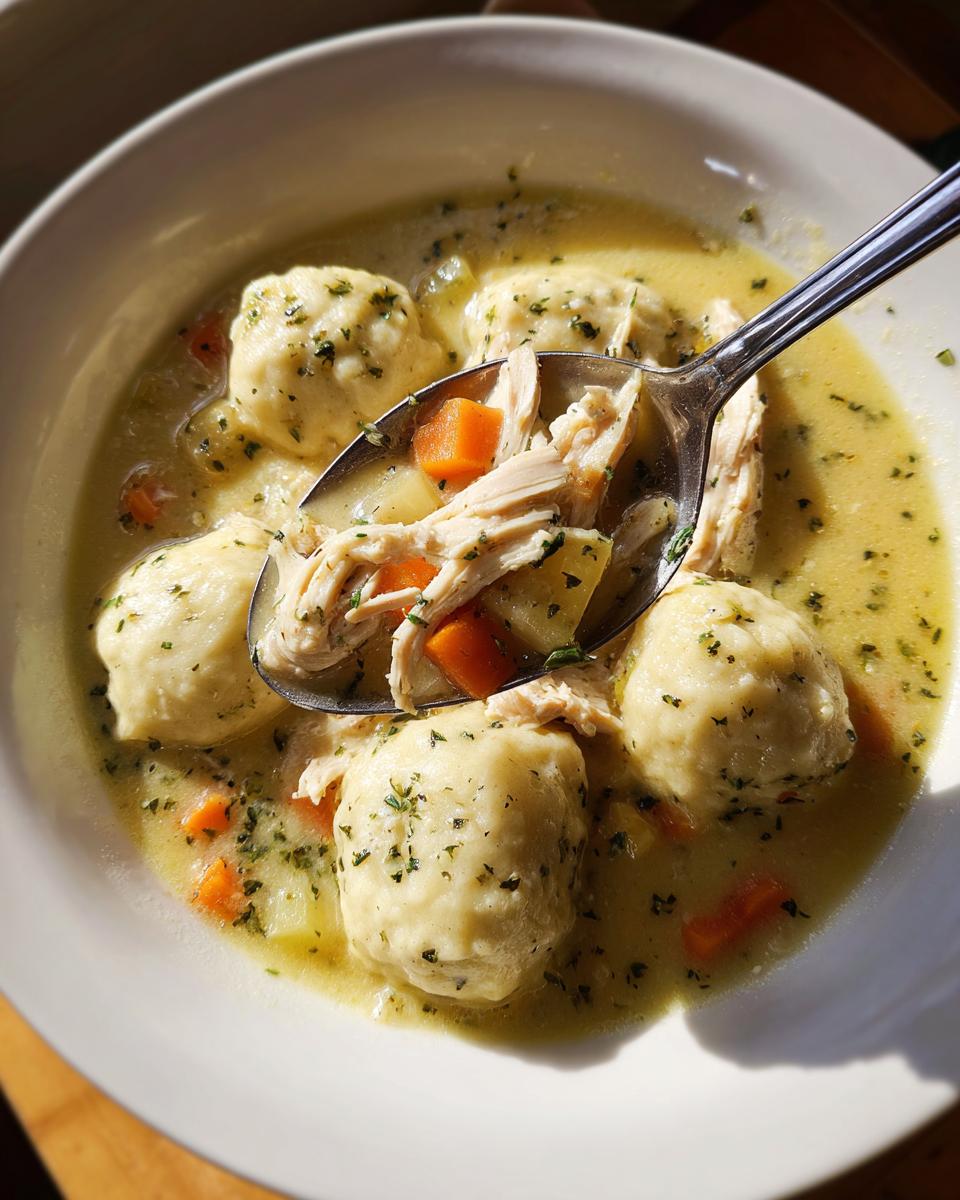 Close-up of a spoonful lifting shredded chicken and vegetables from a bowl of creamy chicken and dumpling soup.