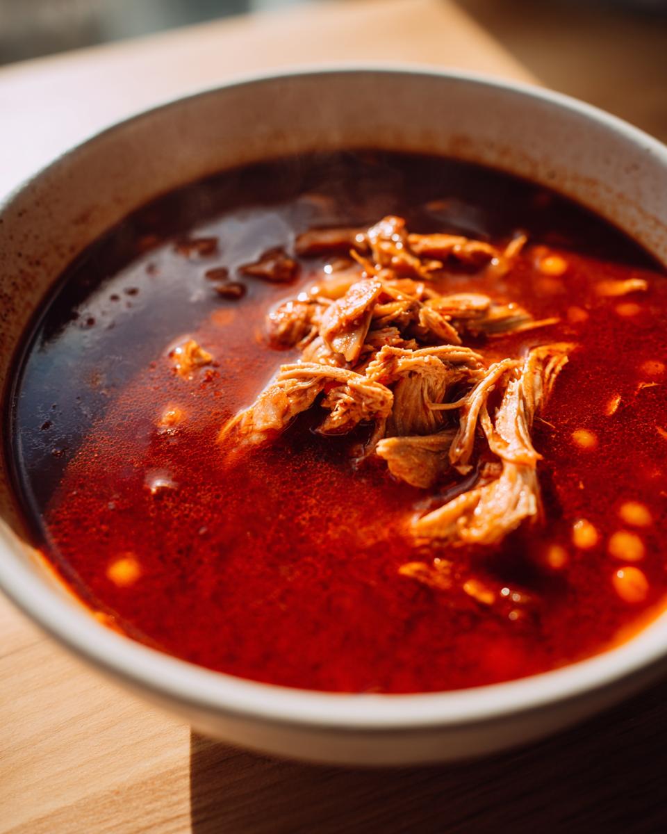 Close-up of shredded chicken and hominy in a vibrant red broth of chicken pozole.
