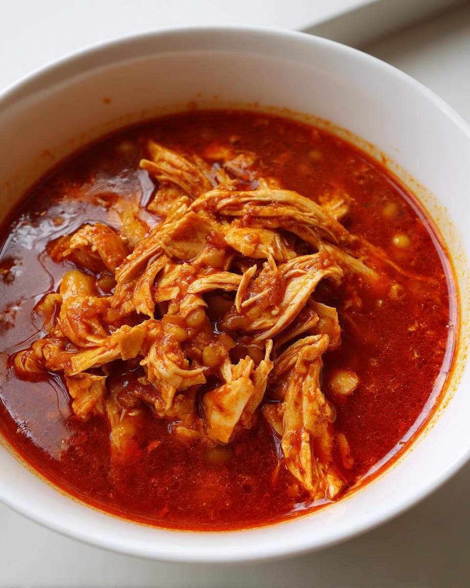 Close-up of a white bowl filled with vibrant red broth, shredded chicken, and hominy for amazing chicken pozole.