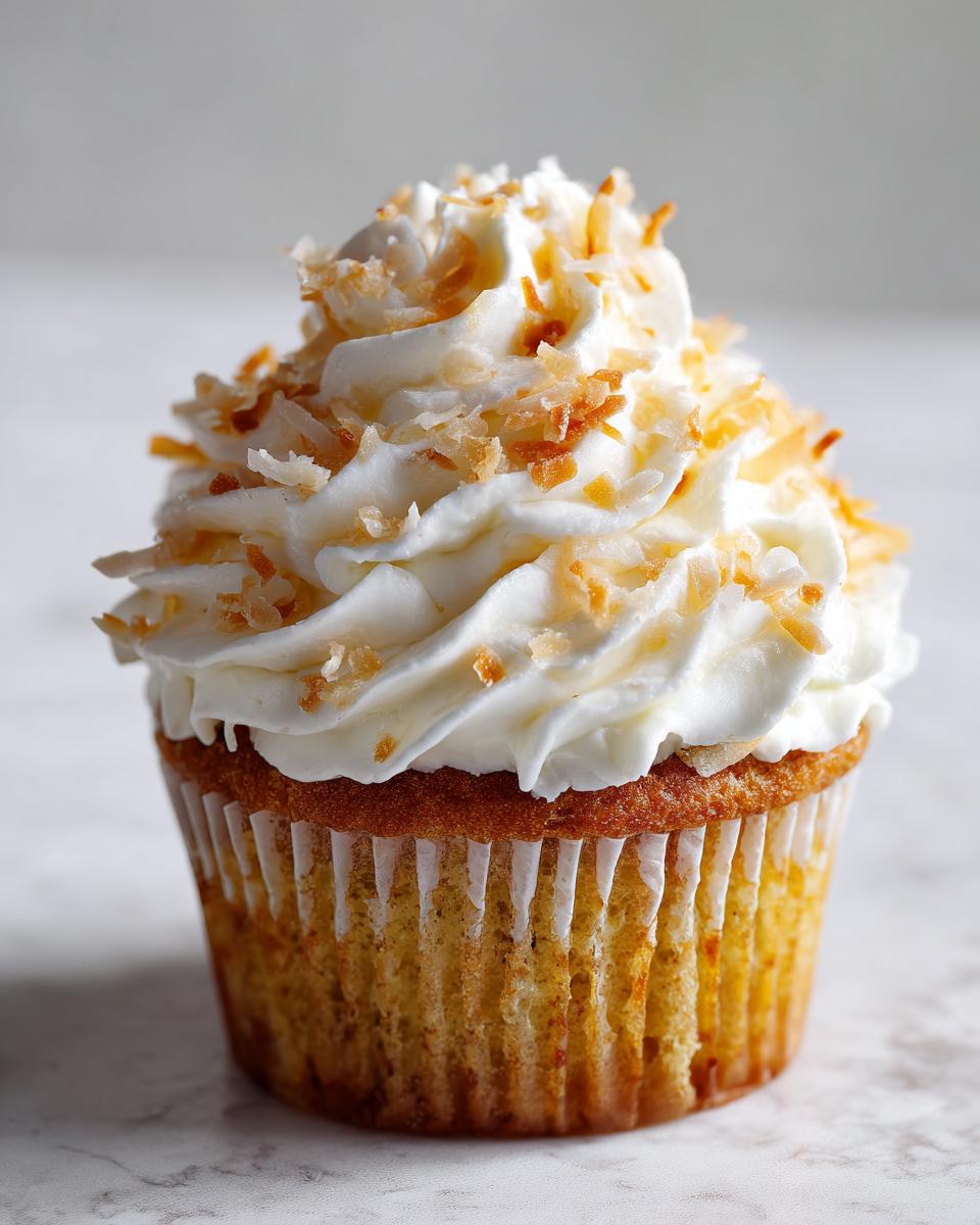 A single, delicious coconut cupcake topped with white frosting and toasted coconut flakes.