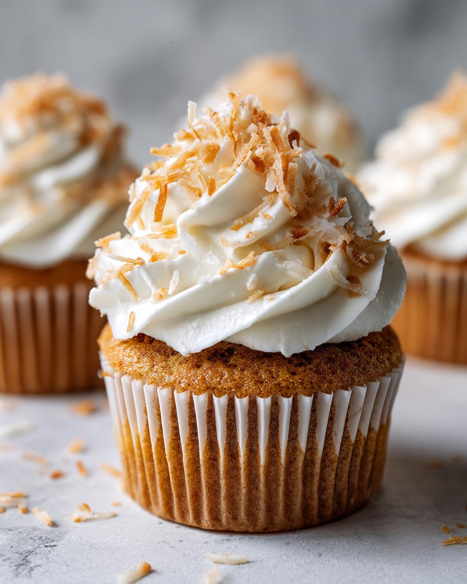 A close-up of a perfectly frosted coconut cupcake topped with toasted coconut flakes, with more coconut cupcakes blurred in the background.